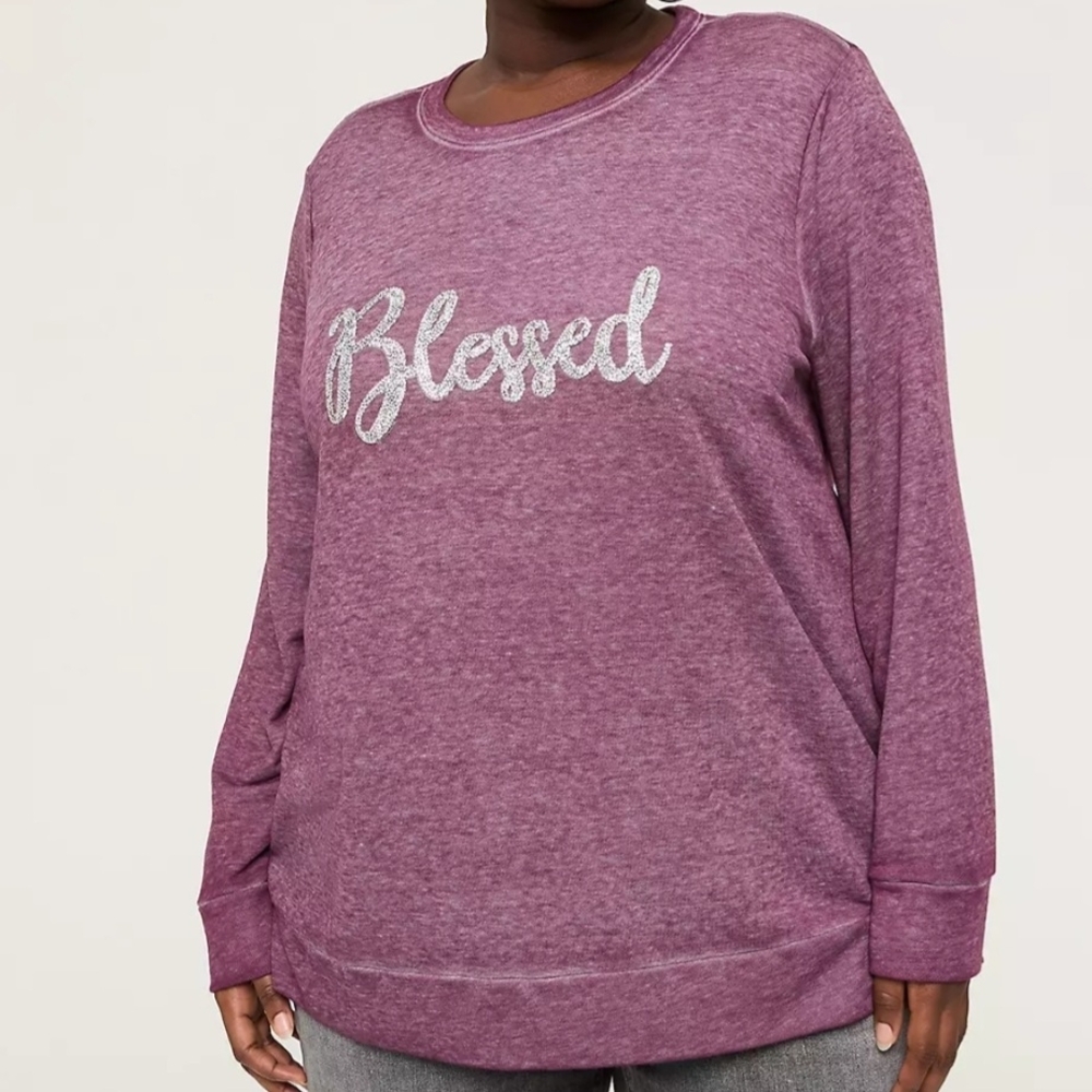 NWT Lane Bryant Purple Sweatshirt with Glitter 'Blessed' Graphic Size 22/24